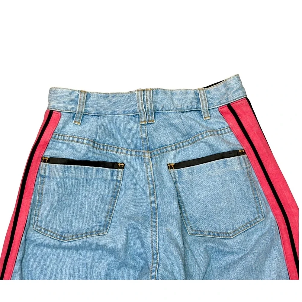 Koche Women Light Wash Designer Paris Jeans Pink Stripe Black Satin $465 MSRP 26